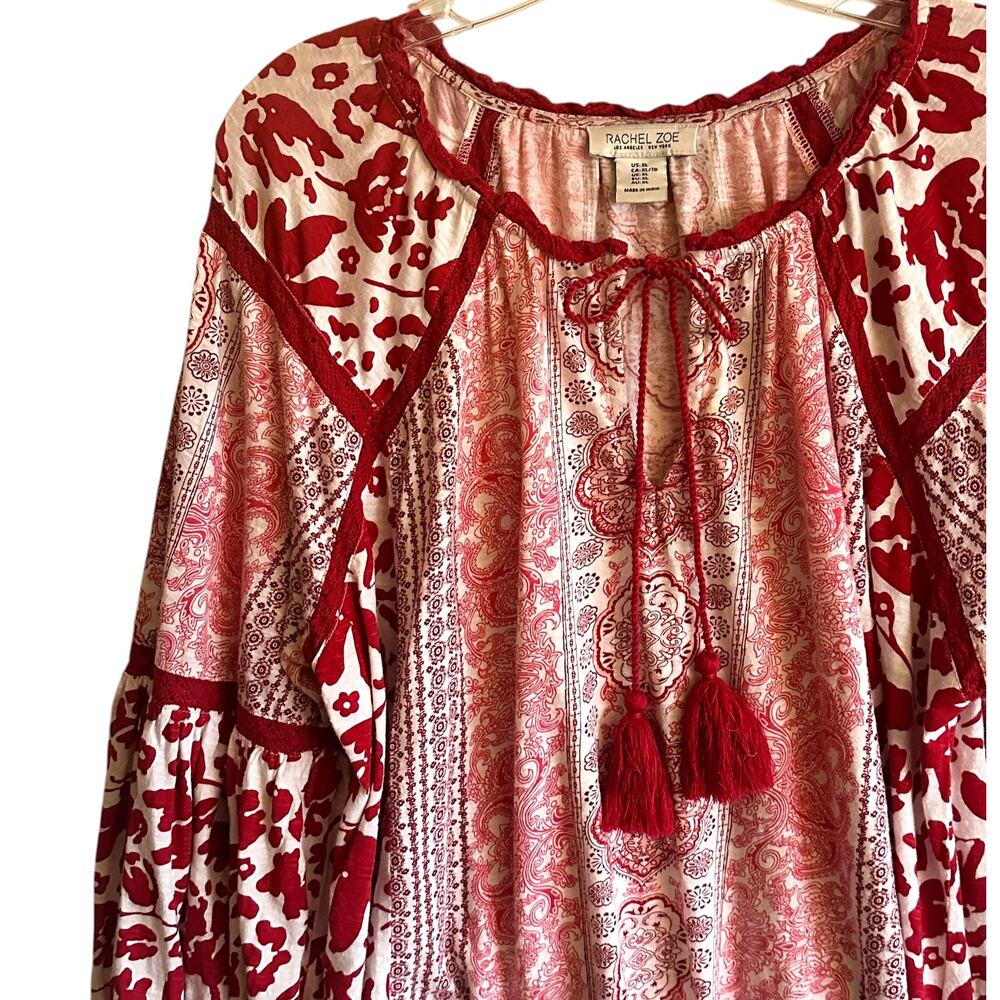 Rachel Zoe Mixed Print Peasant Top Womens XL Red Tassels Boho Balloon Sleeves - Picture 3 of 9